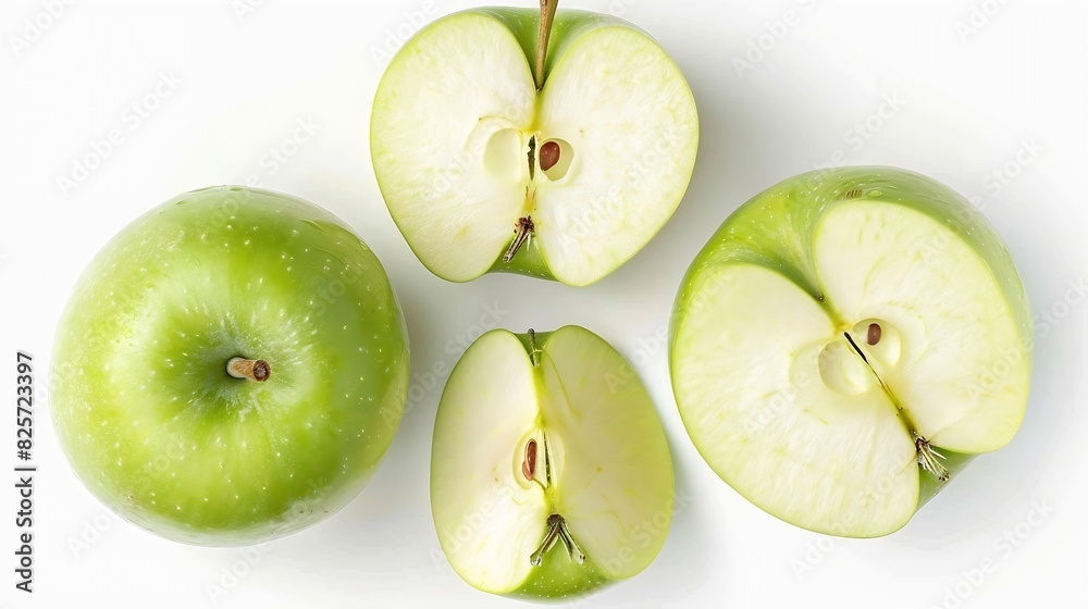 Poster flat lay of fresh green apple fruit with cut in half and slice isolated on white background : genera