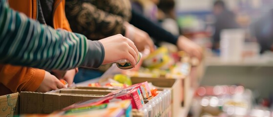 A close up of a dedicated volunteer organizing supplies at a nonprofit center