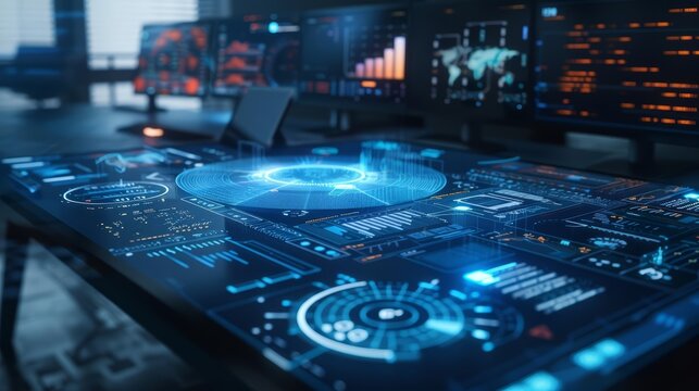 A close up of a consultants desk in a professional services firm, with sophisticated software analyzing client data, set against a hitech HUD hologram for an innovative feel