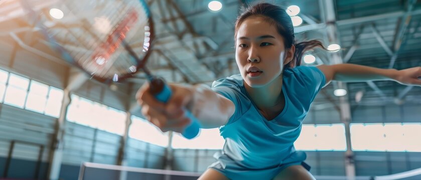 A closeup of a badminton player leaping to smash the shuttlecock