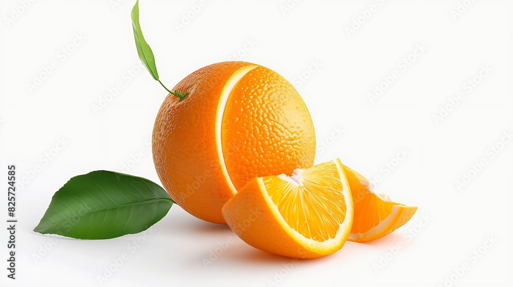 Poster isolated oranges whole single orange fruit with leaf and piece isolated on white background with cli