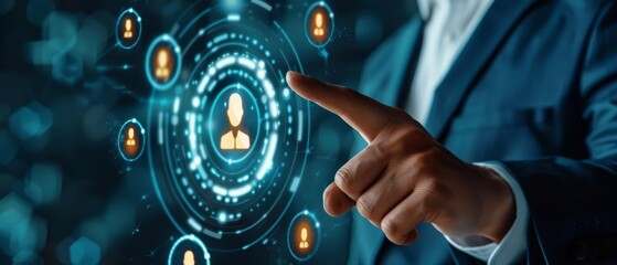 Fototapeta premium A closeup of a businessman pointing at a customer retention icon