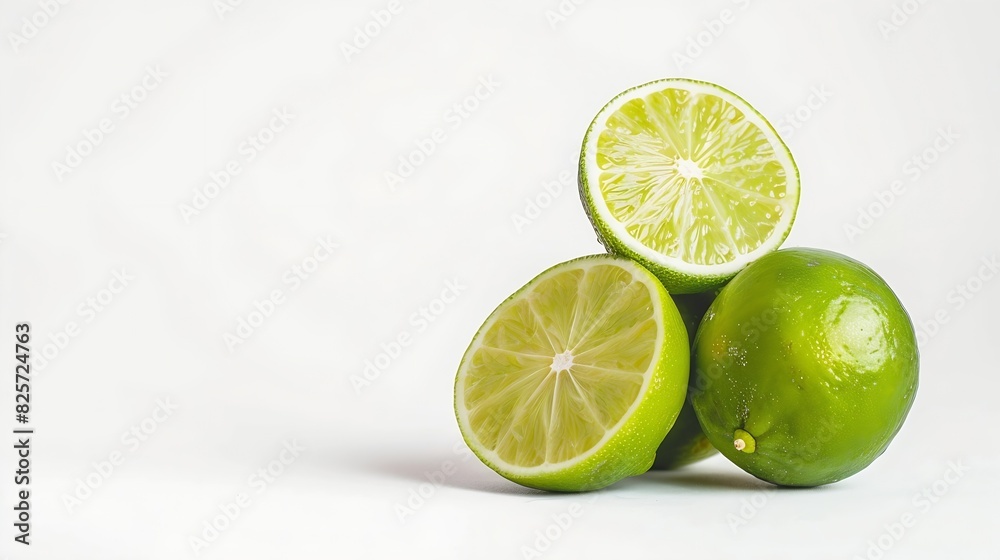 Aufkleber green lime with cut in half and slices isolated on white background : generative ai