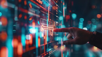 A closeup of a businessman pointing at a financial growth icon