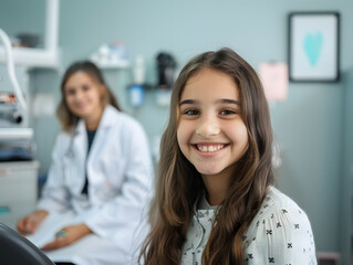 Doctor seated behind, young girl smiling at the camera in the foreground, during clinic  or denral clinic visit.Healthcare professional check up, young patient girl smiling .