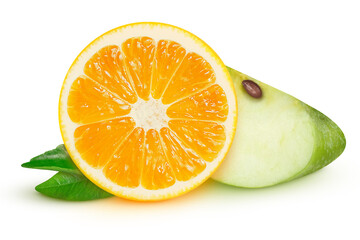 Orange slice and green apples on an isolated white background.