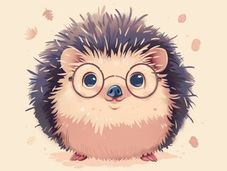 Cute cartoon hedgehog wearing glasses and looking at the camera.