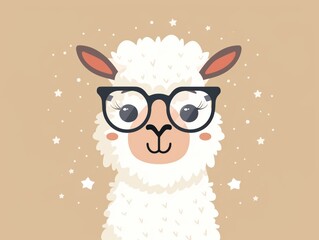 Naklejka premium Cute cartoon llama wearing glasses with a friendly smile. Perfect for kids' illustrations, greeting cards, or social media.