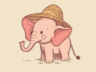 Cute cartoon pink elephant wearing a straw hat.