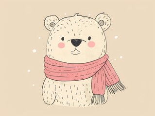 Cute cartoon polar bear wearing a pink scarf.  Perfect for winter holidays or children's illustrations.