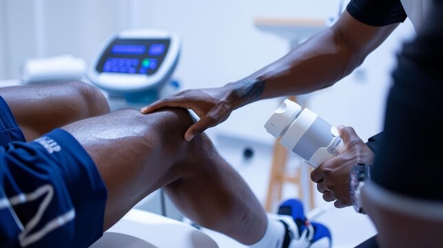 A closeup of a physiotherapist applying a cryotherapy unit to an athletes sore muscle
