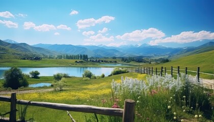 Fototapeta premium A stunning spring day landscaping views of fertile land surrounded beautiful green vegetation, wide stretches of hills and mountains with clear skies in spring