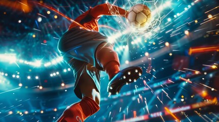 A closeup of a soccer player performing a powerful bicycle kick