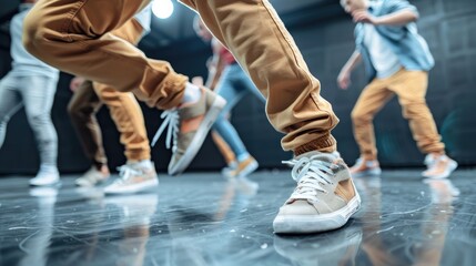 Hip hop dancers showcasing their skills in an urban setting combining contemporary street dance with breakdancing in a studio and practicing hip hop in a formal dance studio cropped close u