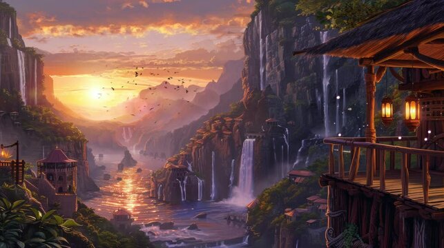views of the mountain landscape with waterfalls and the ocean visible from the accommodation on the cliff. Virtual 4K video animation background with looping time lapse with very smooth graphics.