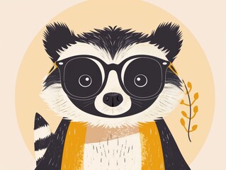 Cute raccoon wearing sunglasses and a scarf, illustrated in a cartoon style.