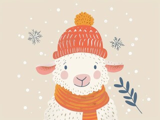 Cute cartoon sheep wearing a knitted hat and scarf,  with snowflakes falling around. Perfect for winter and holiday designs.