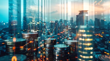 Double exposure of city and graph on rows of coins for finance and banking concept : Generative AI
