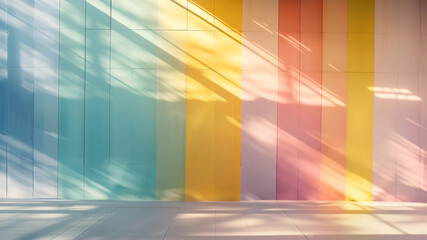 a pastel colored empty background, with sunlight streaming in, creating soft shadows and gradients, vertical pastel stripes in shades of blue, green, yellow, pink, and orange