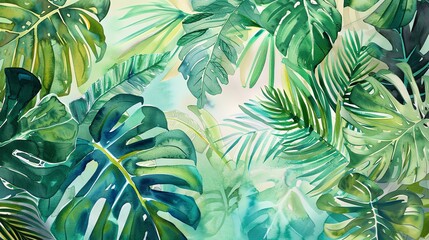 Lush tropical leaves in vibrant watercolor greens, exotic and lively background