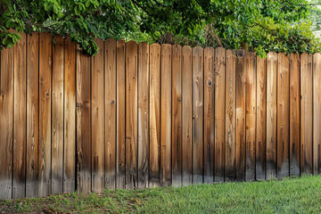 Fototapeta premium Wooden privacy fence in a backyard with green grass and leafy trees, highlighting the natural and rustic beauty of the setting.