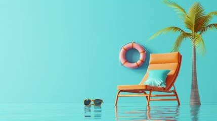 3d render of beach summer scene with orange life ring, sunglasses and deck chair on blue background