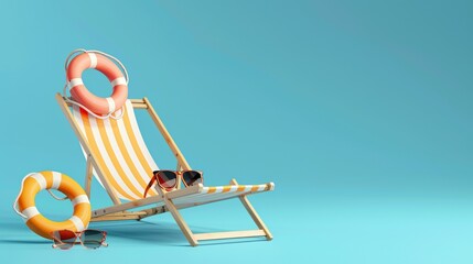 3d render of beach summer scene with orange life ring, sunglasses and deck chair on blue background