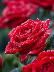 A close-up photograph of vibrant red roses covered in delicate raindrops, each petal glistening with moisture, the soft focus background highlighting the intricate beauty of the flowers