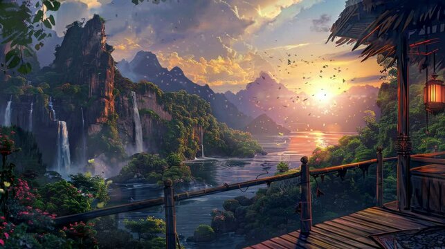 views of the mountain and ocean landscape seen from the accommodation on the cliff. Virtual 4K video animation background with looping time lapse with very smooth graphics.