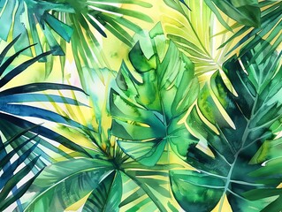 Lush watercolor jungle leaves, vibrant and tropical