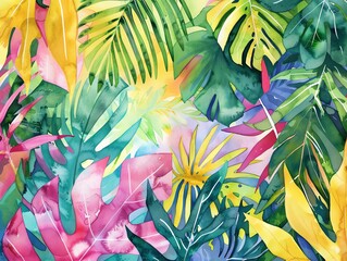 Lush watercolor jungle leaves, vibrant and tropical