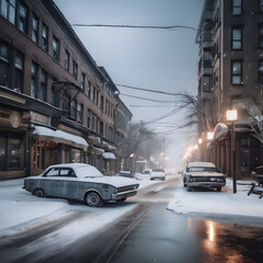 Obraz premium Snow-Covered Urban Street with Vintage Cars and Historic Buildings at Dusk