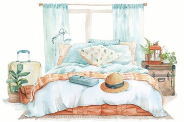 A cute watercolor of travel essentials, neatly arranged on a bed, in a bright and airy bedroom, with a suitcase ready to be packed, clipart isolated on white