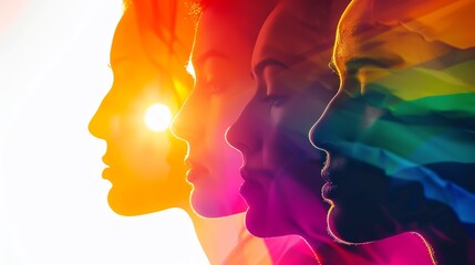 LGBTQ pride flag waving close up, focus on, copy space rich shades, Double exposure silhouette with diverse faces