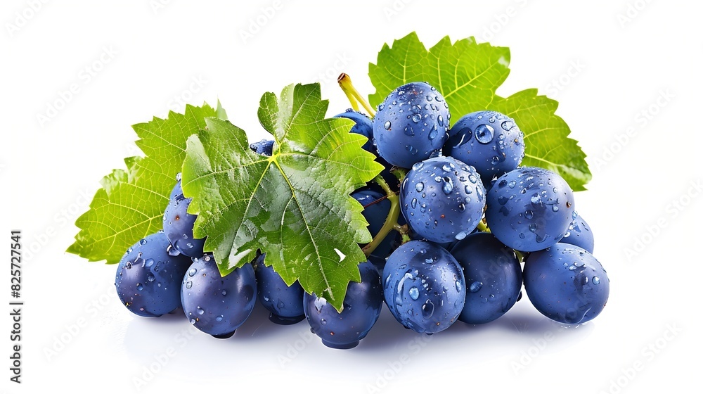 Poster Dark blue grape with leaves isolated on white background Wet fruit With clipping path Full depth of field : Generative AI