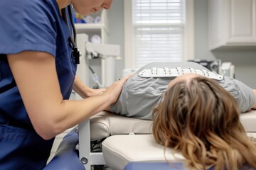 Obraz premium A healthcare provider setting up traction equipment, carefully aligning it for a patients spinal treatment