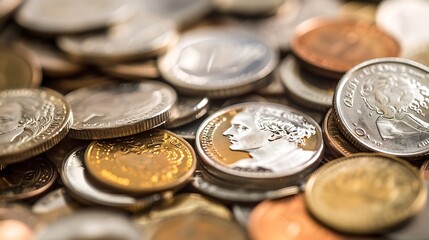 Pile of Golden coin silver coin copper coin quarters nickels dimes pennies fifty cent piece and dollar coins Various USA coins American coins for business money financial coins and eco : Generative AI