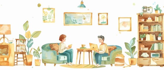 A kawaii watercolor of booking accommodation, with a couple looking at hotel options, in a charming living room, with cozy furniture and travel magazines, clipart isolated on white