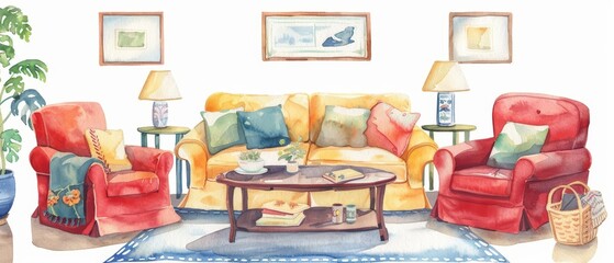 A kawaii watercolor of booking accommodation, with a couple looking at hotel options, in a charming living room, with cozy furniture and travel magazines, clipart isolated on white