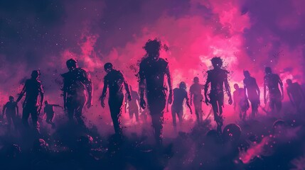 Fototapeta premium A horde of silhouetted zombies moves forward through eerie, pink fog, creating a haunting, apocalyptic atmosphere.