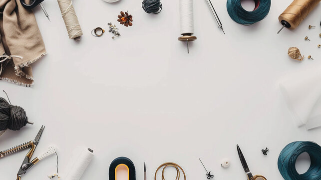Top view of sewing tools and accessories laid out on a white background, including threads, scissors, and fabric. Perfect for craft projects.