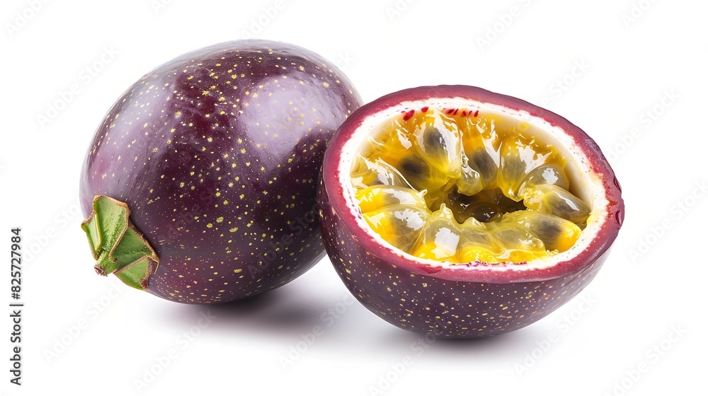 Poster isolated passionfruits one and a half passion fruits maracuya isolated on white background with clip
