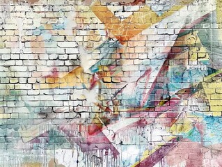Rustic watercolor graffiti on a brick wall, faded and weathered street art