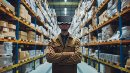 Logistikmitarbeiter trägt VR Brille um Logistikprozess zu verbessern Lagerlogistik optimieren mit Lagervernetzung zum Arbeitsplatz der Zukunft Generative AI