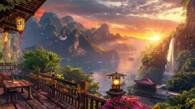 views of mountains and ocean visible from the house on the cliff. Virtual 4K video animation background with looping time lapse with very smooth graphics.