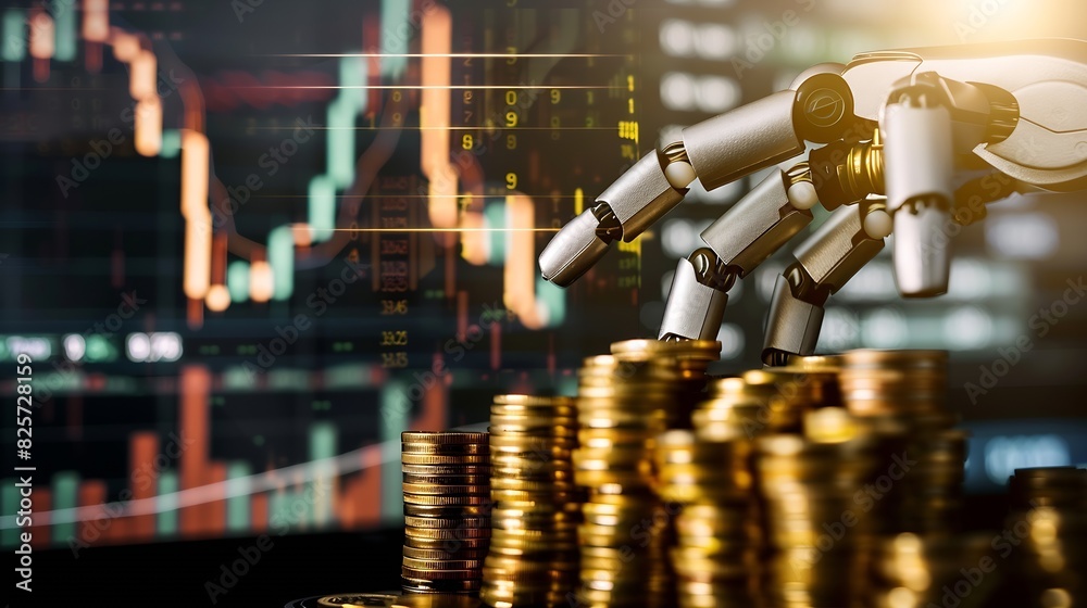 Fototapete Robot trading concept Robot hand represents use of artificial intelligence in trading stocks Gold coins are displayed as graphs on smartphone Digital transformation technology Ai make  : Generative AI