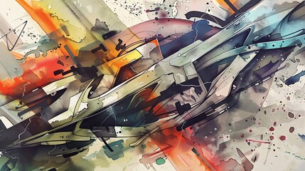 Abstract watercolor graffiti with flowing lines and mixed colors, dynamic urban scene