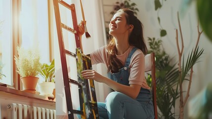 Attractive woman renewing painting chair at home : Generative AI