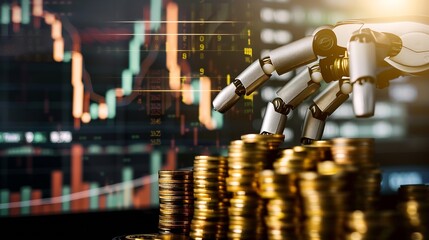 Robot trading concept Robot hand represents use of artificial intelligence in trading stocks Gold coins are displayed as graphs on smartphone Digital transformation technology Ai make  : Generative AI