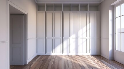 Obraz premium An empty room with builtin wardrobes with white sliding doors along one wall white wooden carpentry with access door to other rooms : Generative AI